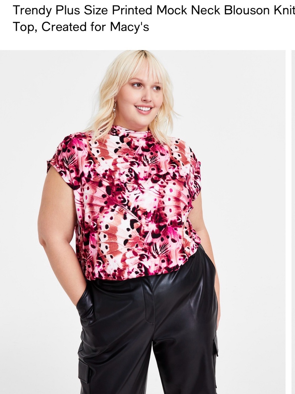 Bar III Plus Size Printed Mock Neck Blouson Knit Top, Created for Macy’s.